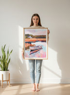 Autumn Lake Boat Landscape Art art print shown in a person holding bright setting