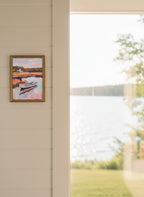 Autumn Lake Boat Landscape Art art print shown in a shiplap blurred view setting