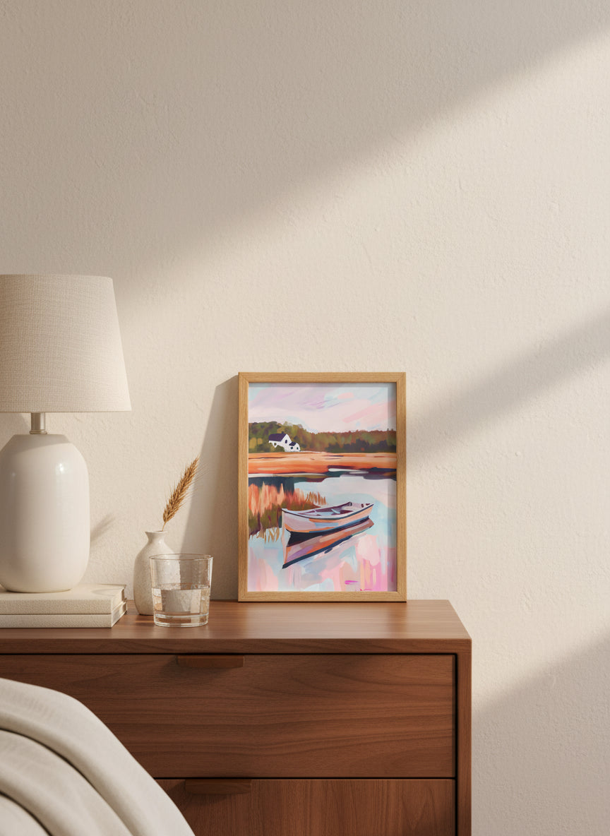 Autumn Lake Boat Landscape Art art print shown in a small bedside oak setting