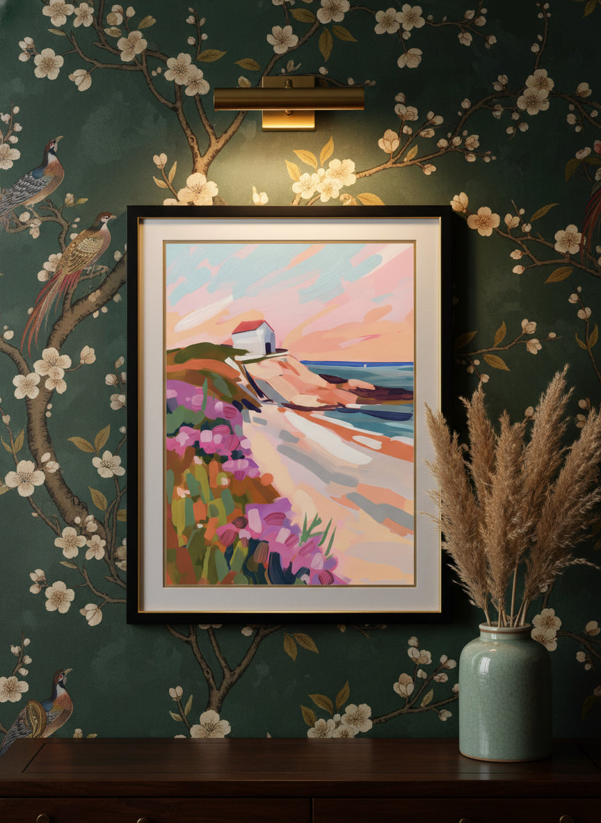 Coastal Cliffside Floral Landscape Art art print shown in a chinoiserie moody setting