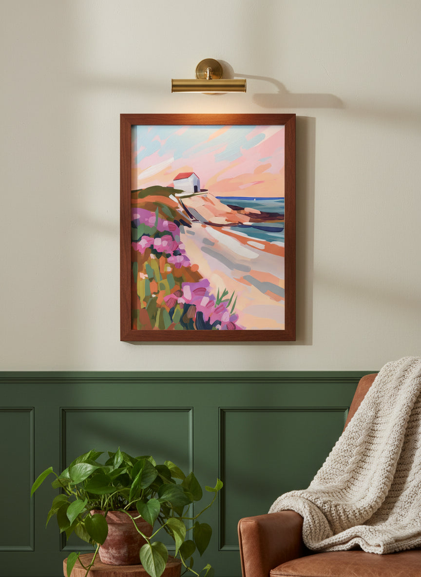 Coastal Cliffside Floral Landscape Art art print shown in a forest green walnut setting