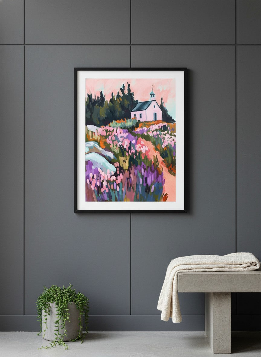 Wildflower Meadow Chapel Art art print shown in a charcoal minimal black setting