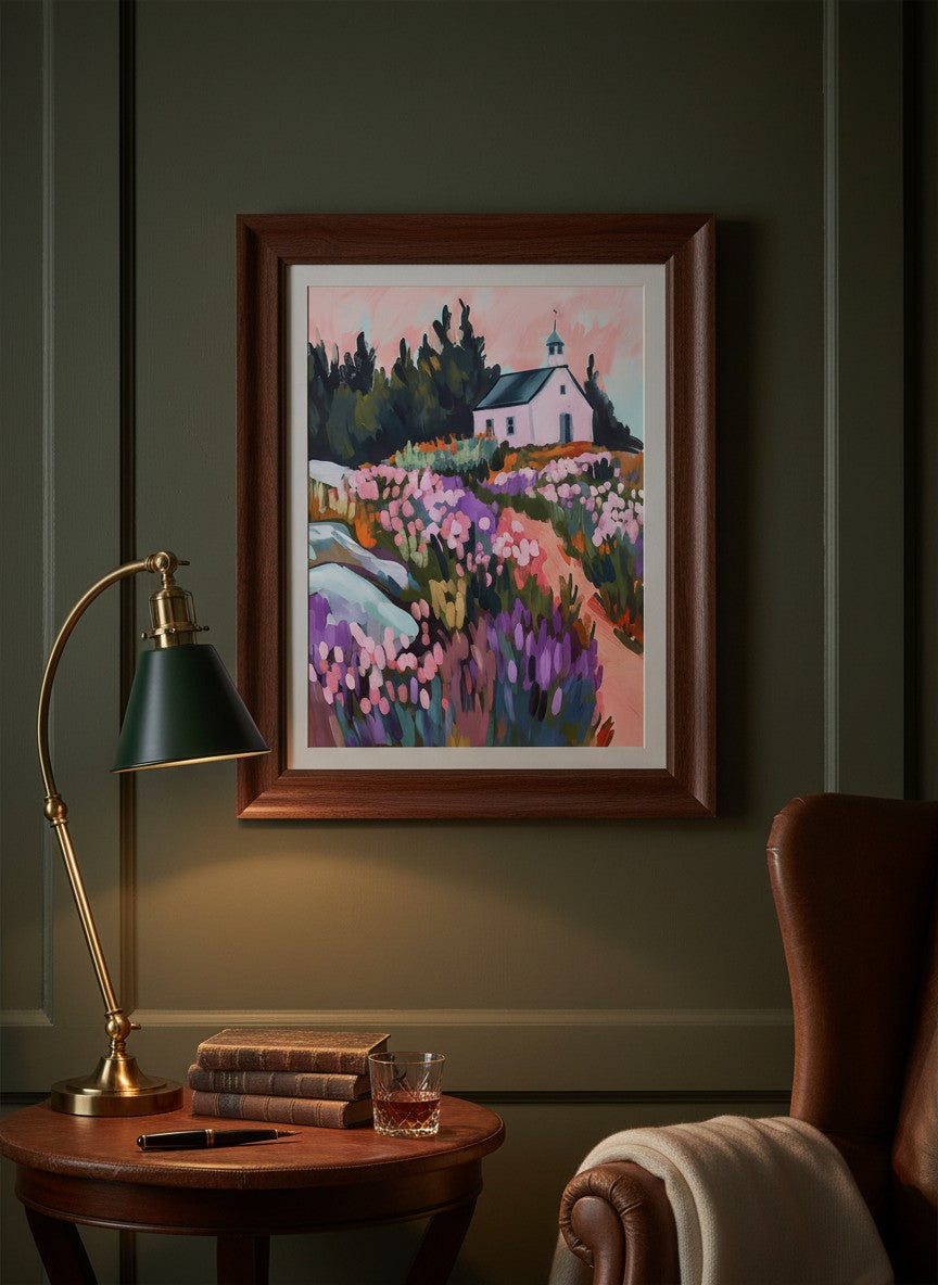 Wildflower Meadow Chapel Art art print shown in a dark olive study setting