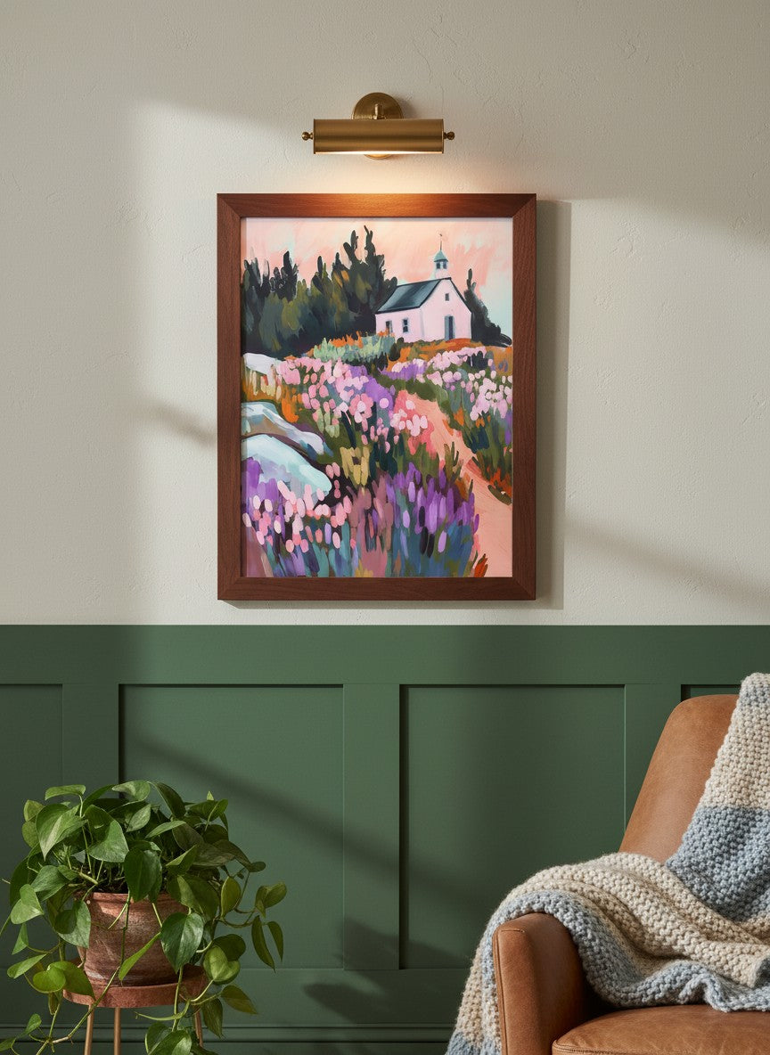 Wildflower Meadow Chapel Art art print shown in a forest green walnut setting