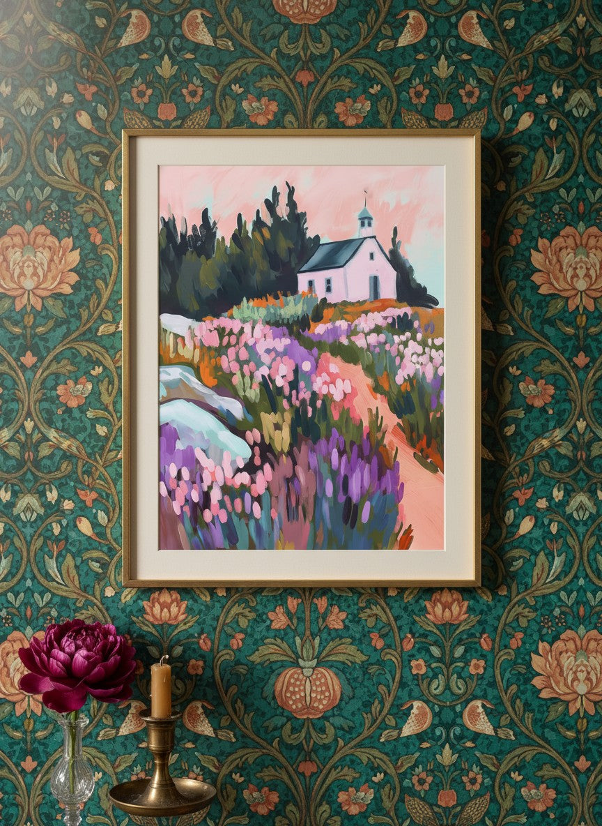 Wildflower Meadow Chapel Art art print shown in a maximalist floral brass setting