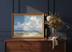 Beach Figures Coastal Painting art print shown in a dresser dried florals setting