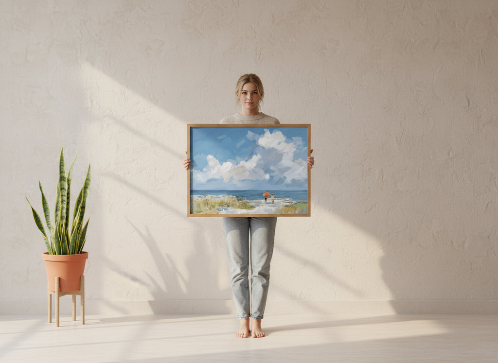 Beach Figures Coastal Painting art print shown in a person holding bright setting