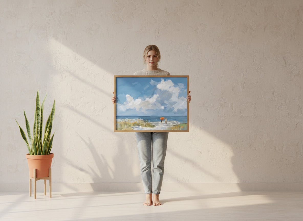 Beach Figures Coastal Painting art print shown in a person holding bright setting
