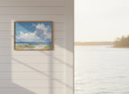 Beach Figures Coastal Painting art print shown in a shiplap blurred view setting