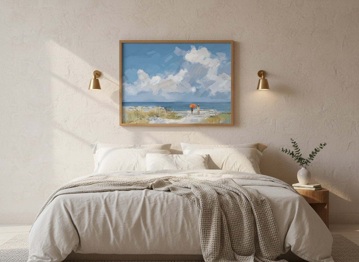 Beach Figures Coastal Painting art print shown in a wide above bed brushed brass setting