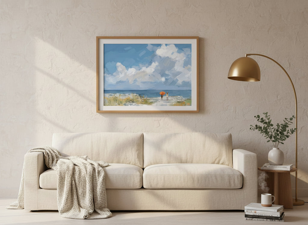 Beach Figures Coastal Painting art print shown in a wide above couch oak setting