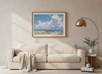 Beach Figures Coastal Painting art print shown in a wide above couch oak setting