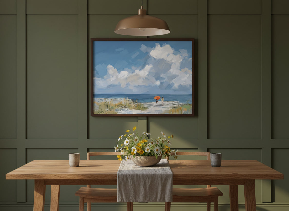 Beach Figures Coastal Painting art print shown in a wide dining statement olive setting