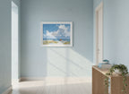 Beach Figures Coastal Painting art print shown in a wide hallway gallery coastal setting