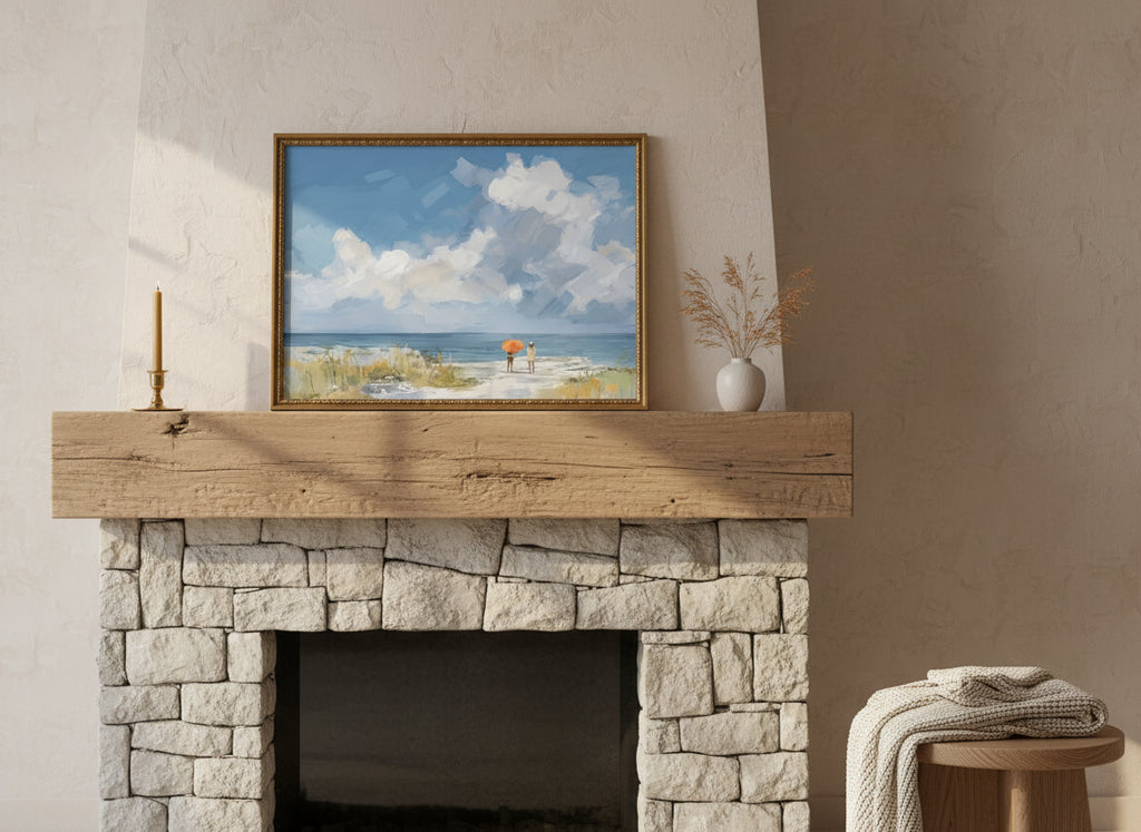 Beach Figures Coastal Painting art print shown in a wide mantel single brass setting