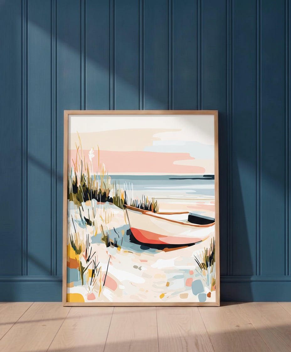 Coastal Rowboat Beach Art art print shown in a blue 1 setting