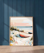 Coastal Rowboat Beach Art art print shown in a blue 1 setting