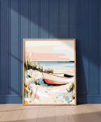 Coastal Rowboat Beach Art art print shown in a blue wall paneled setting