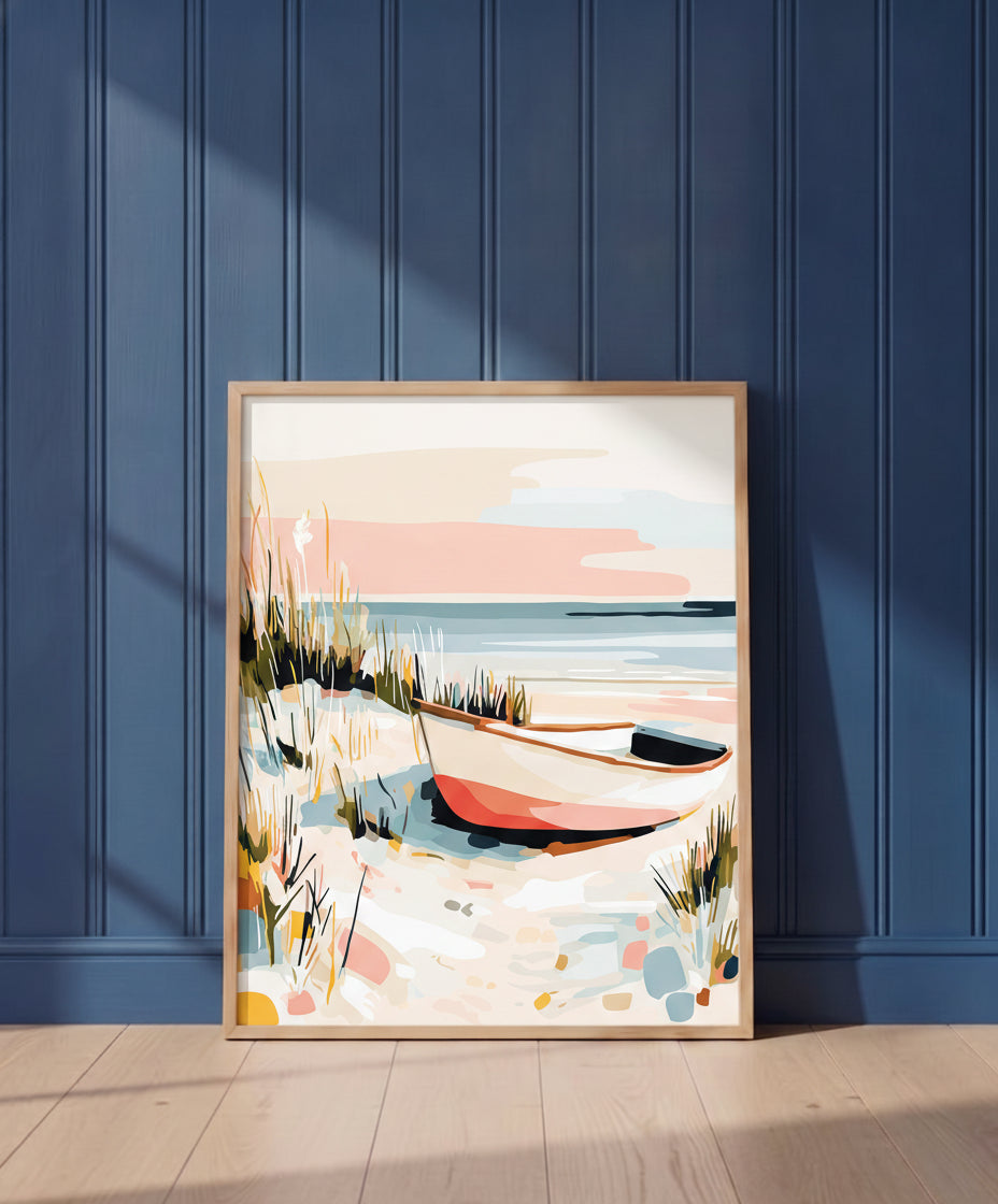 Coastal Rowboat Beach Art art print shown in a blue wall paneled setting
