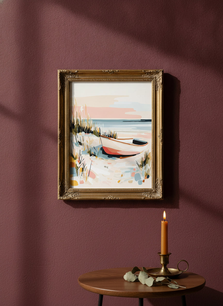 Coastal Rowboat Beach Art art print shown in a burgundy brass setting