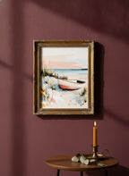 Coastal Rowboat Beach Art art print shown in a burgundy brass setting