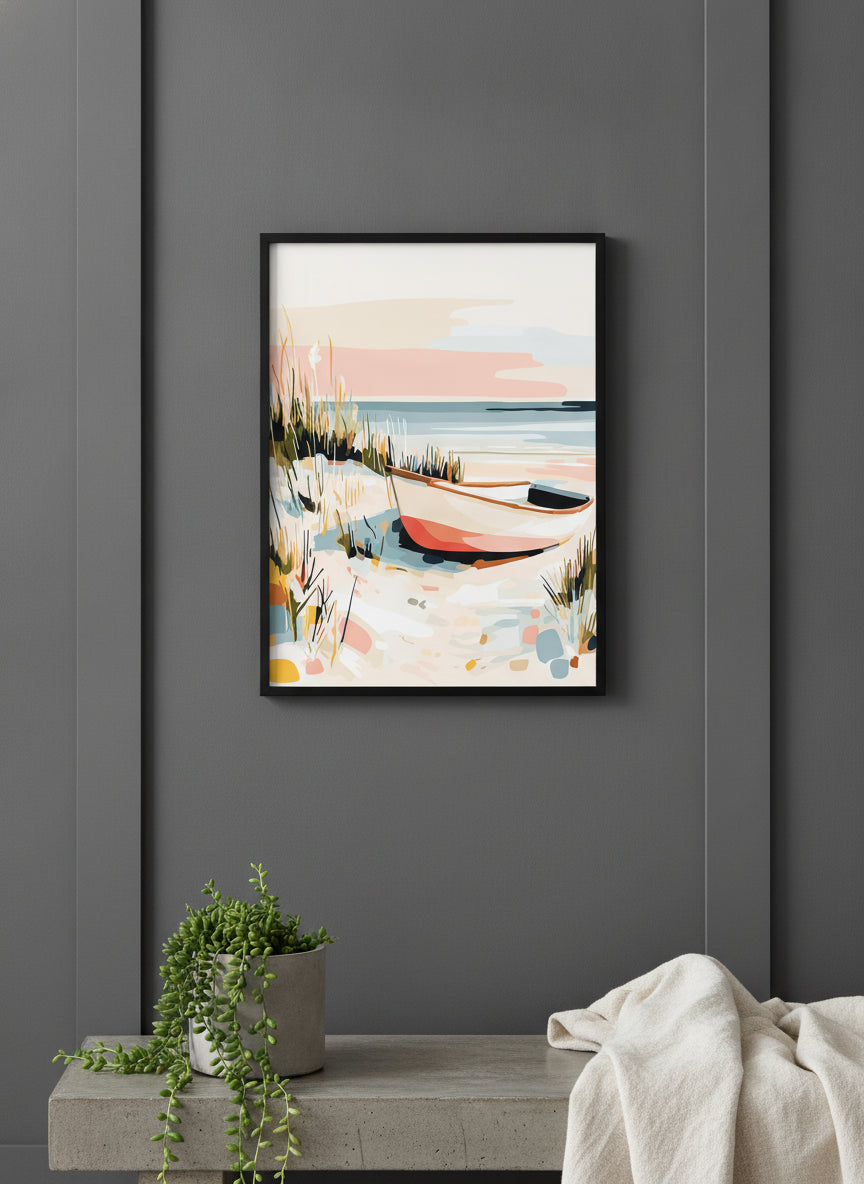 Coastal Rowboat Beach Art art print shown in a charcoal minimal black setting