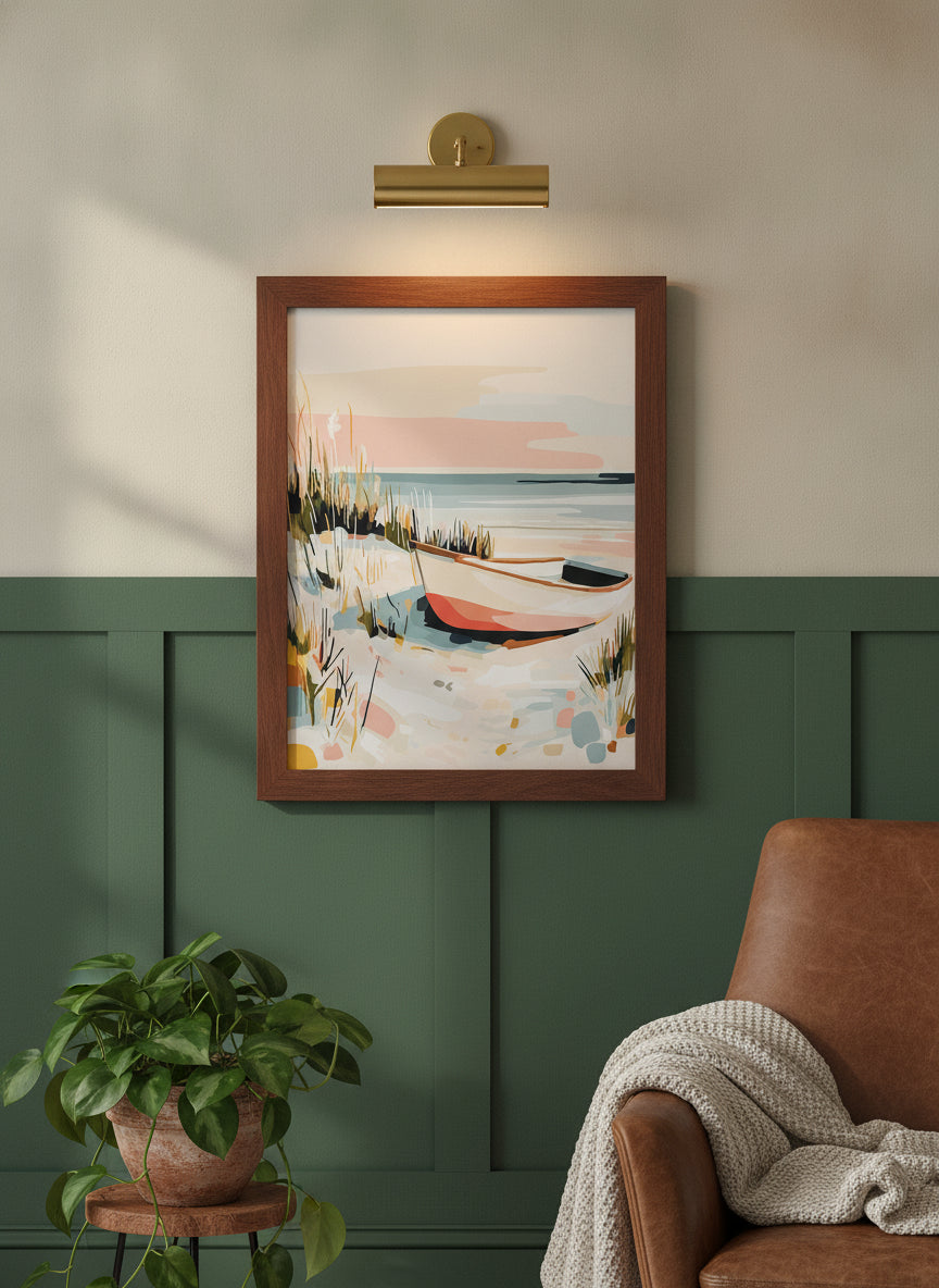 Coastal Rowboat Beach Art art print shown in a forest green walnut setting