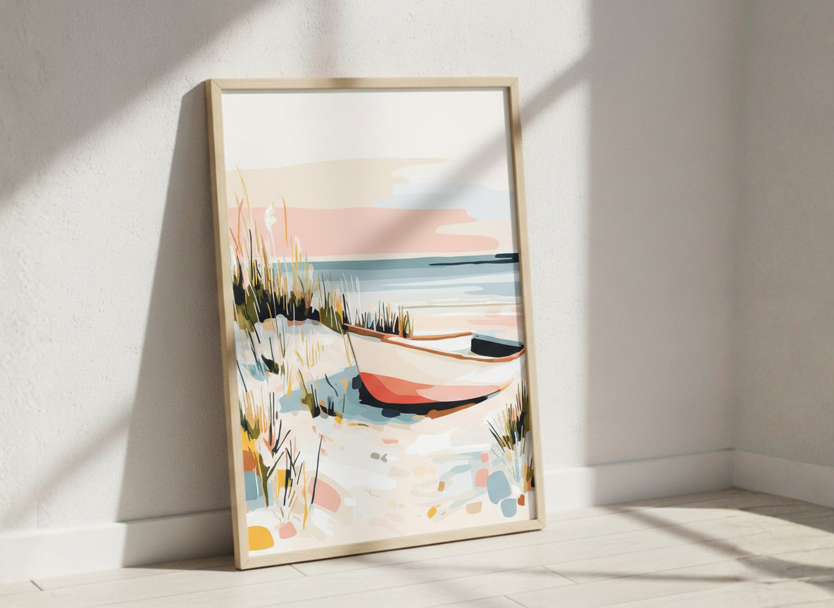 Coastal Rowboat Beach Art art print