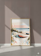 Coastal Rowboat Beach Art art print shown in a purple setting