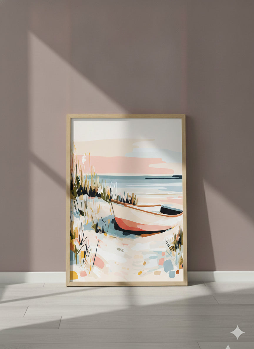 Coastal Rowboat Beach Art art print shown in a purple setting