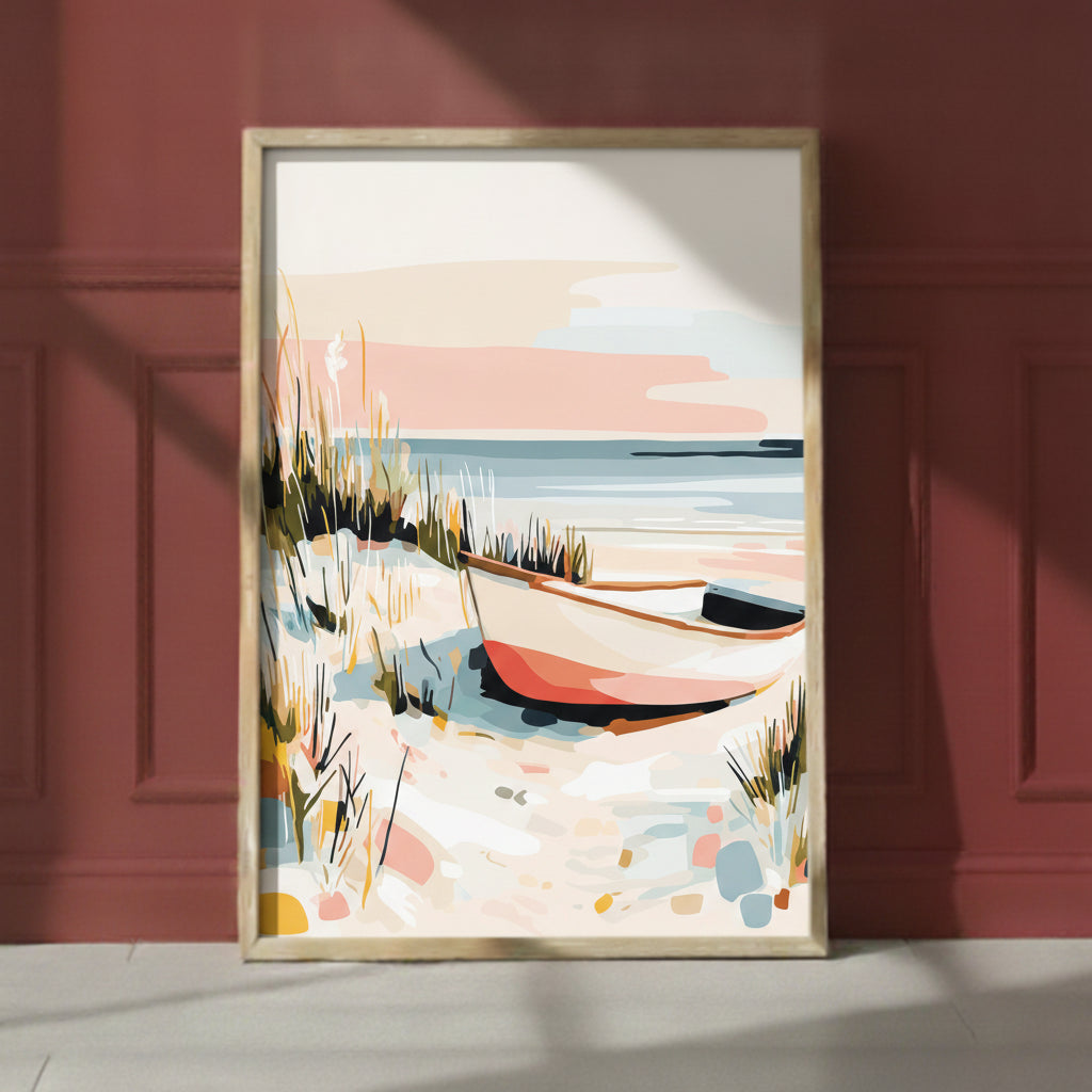 Coastal Rowboat Beach Art art print shown in a red setting