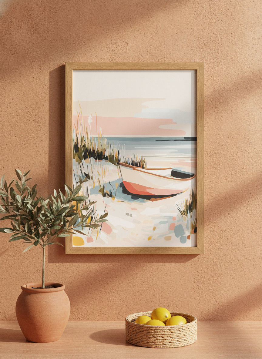 Coastal Rowboat Beach Art art print shown in a terracotta rustic setting