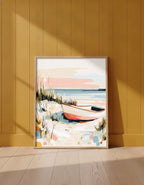 Coastal Rowboat Beach Art art print shown in a yellow wall setting