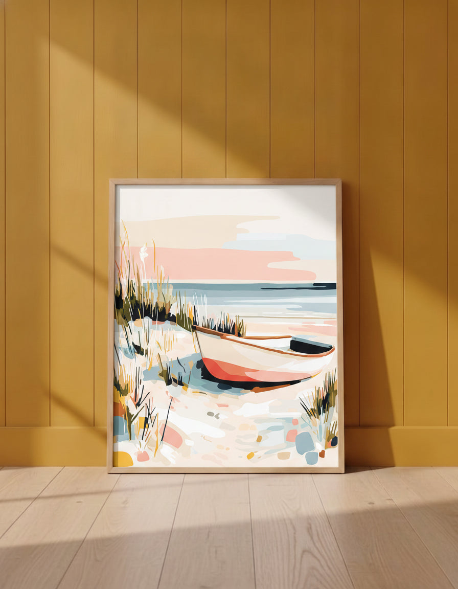 Coastal Rowboat Beach Art art print shown in a yellow wall setting