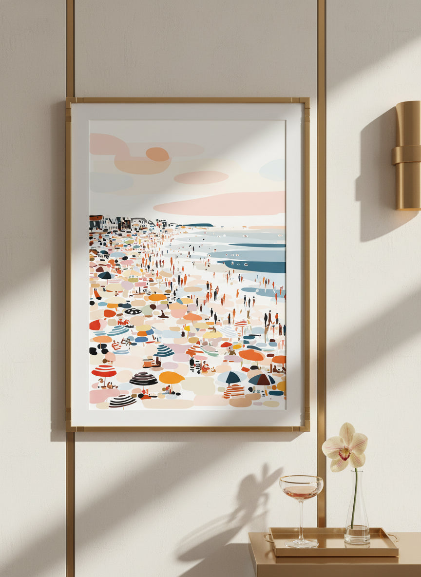 Crowded Summer Beach Scene Art art print shown in a art deco geometric setting