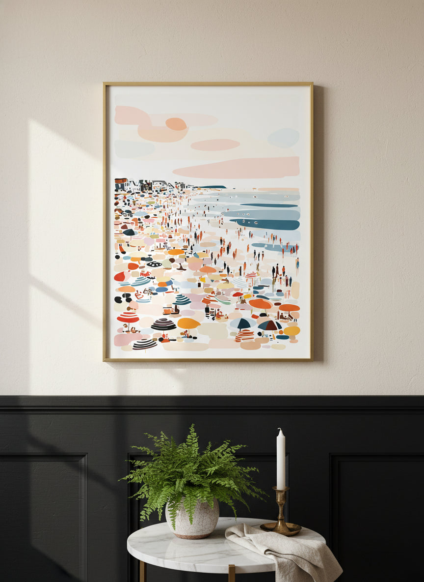 Crowded Summer Beach Scene Art art print shown in a black wainscoting gold setting
