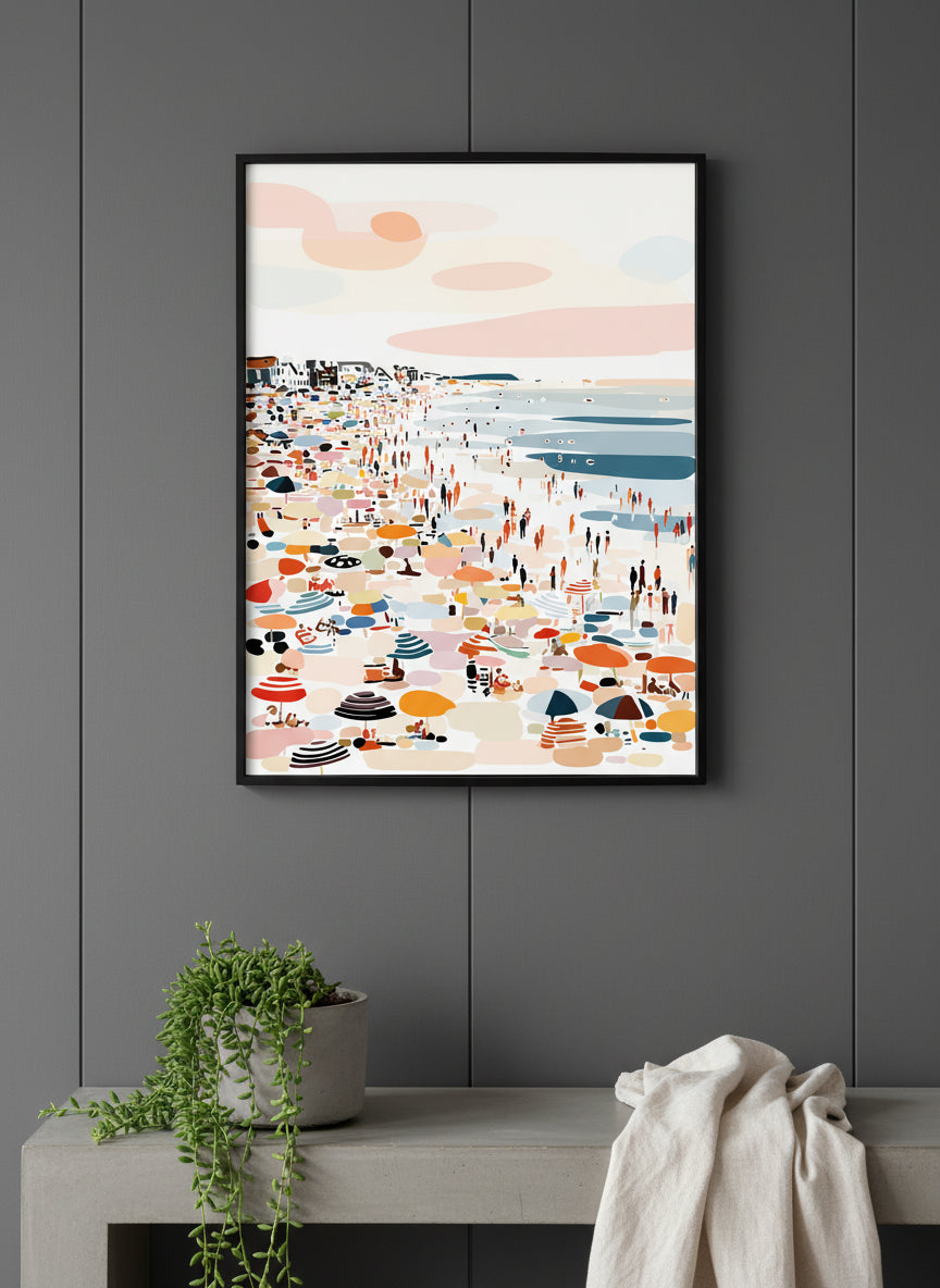 Crowded Summer Beach Scene Art art print shown in a charcoal minimal black setting