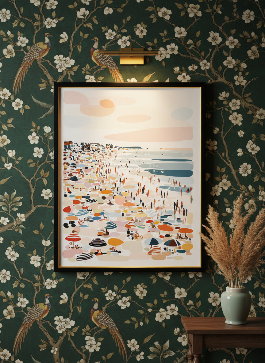 Crowded Summer Beach Scene Art art print shown in a chinoiserie moody setting