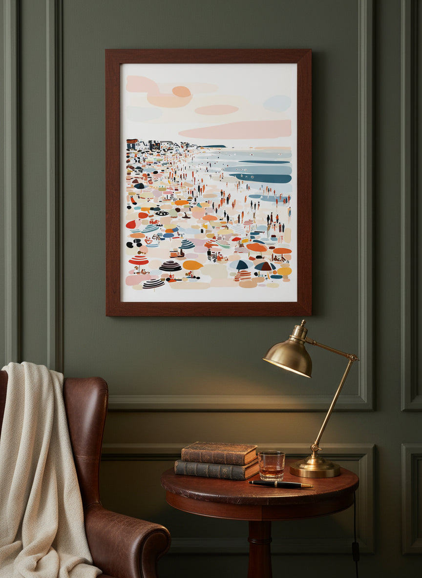 Crowded Summer Beach Scene Art art print shown in a dark olive study setting