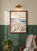 Crowded Summer Beach Scene Art art print shown in a forest green walnut setting