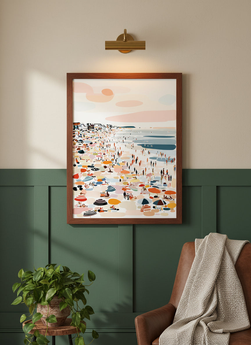 Crowded Summer Beach Scene Art art print shown in a forest green walnut setting