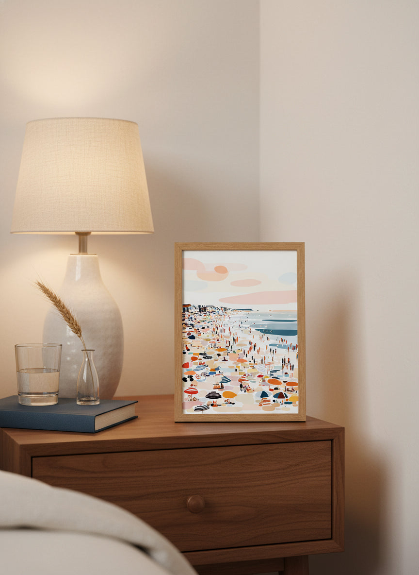 Crowded Summer Beach Scene Art art print shown in a small bedside oak setting