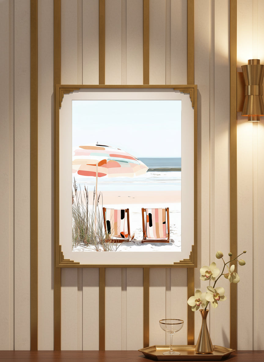 Coastal Beach Chairs Art art print shown in a art deco geometric setting