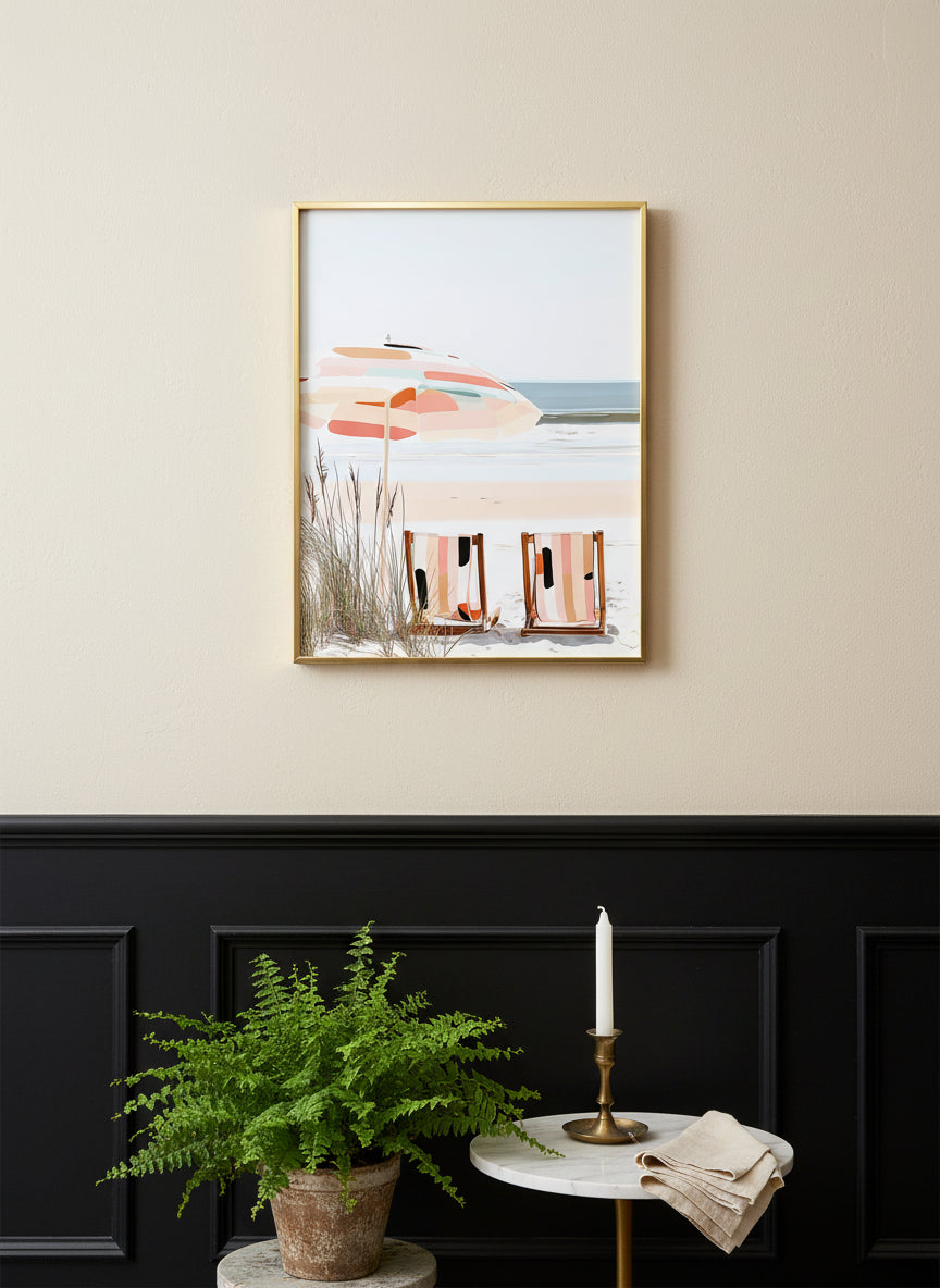 Coastal Beach Chairs Art art print shown in a black wainscoting gold setting