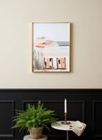 Coastal Beach Chairs Art art print shown in a black wainscoting gold setting