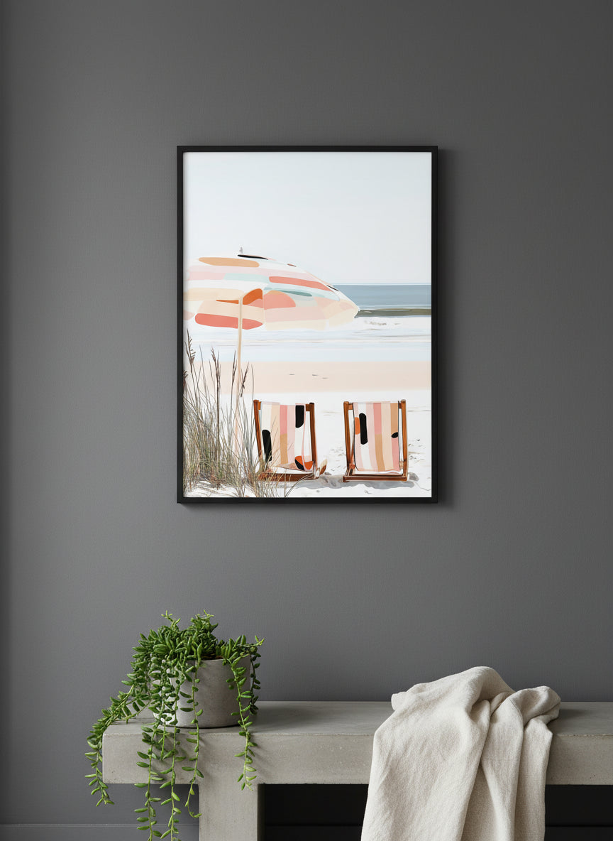 Coastal Beach Chairs Art art print shown in a charcoal minimal black setting