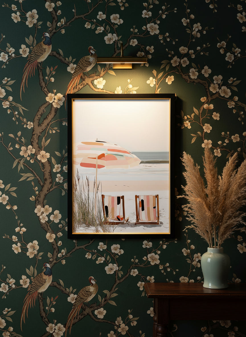 Coastal Beach Chairs Art art print shown in a chinoiserie moody setting