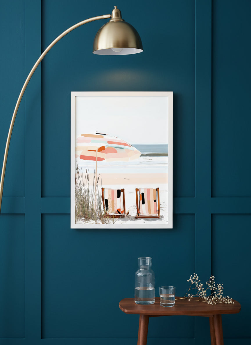 Coastal Beach Chairs Art art print shown in a deep teal modern setting