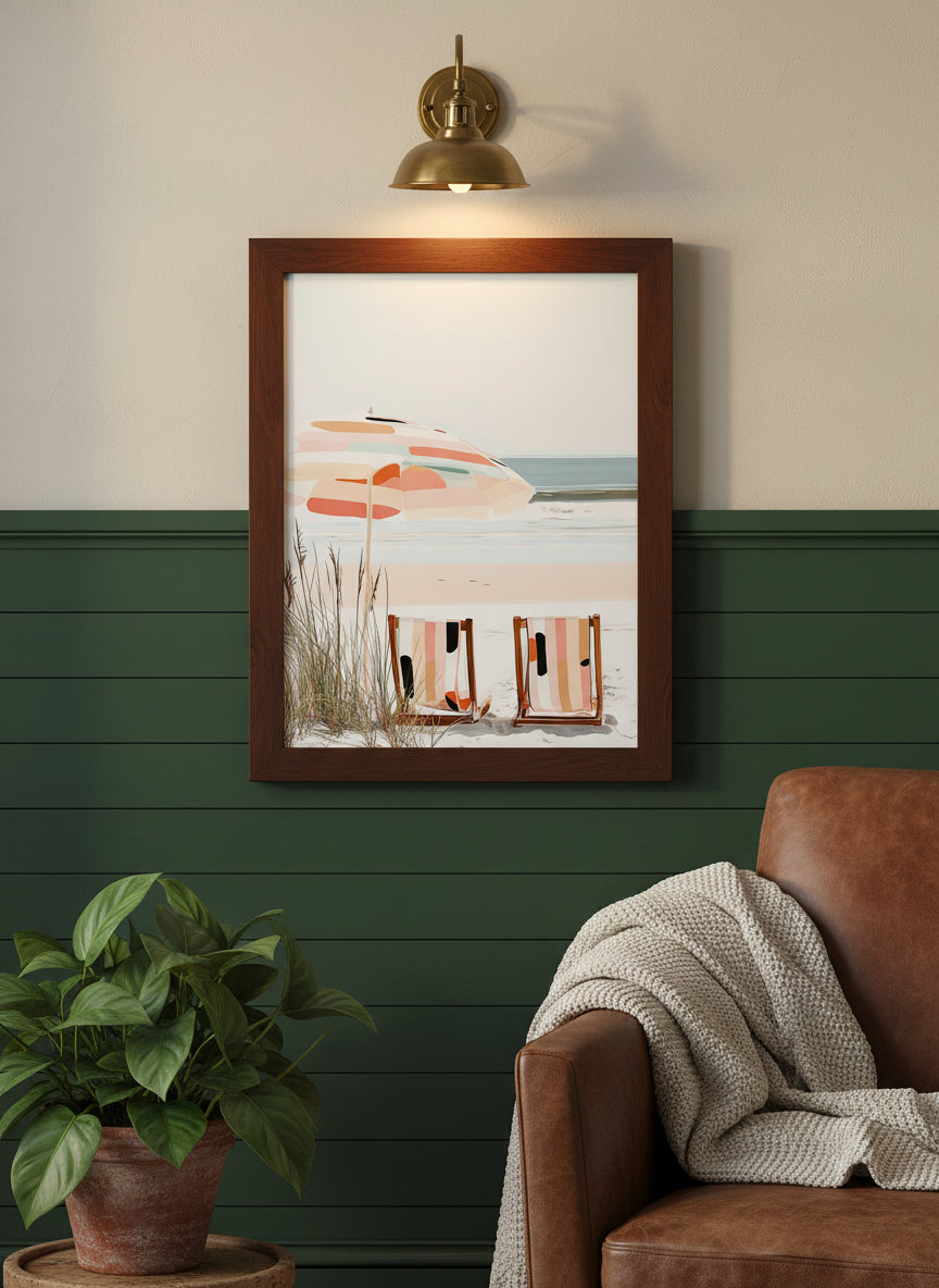 Coastal Beach Chairs Art art print shown in a forest green walnut setting
