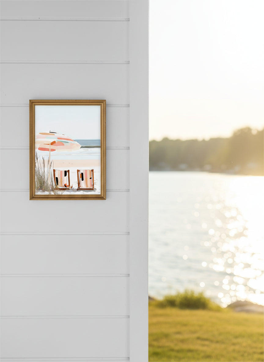 Coastal Beach Chairs Art art print shown in a shiplap blurred view setting